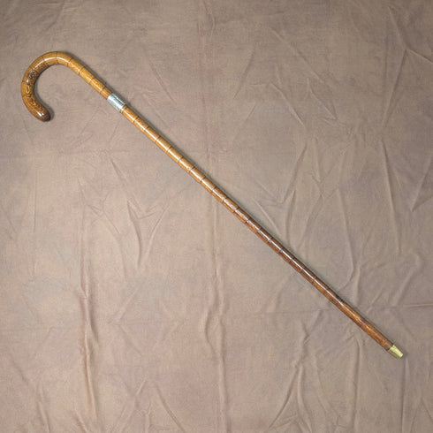 1921年頃 英国アンティーク ブラウンシャフト 曲がりハンドル 純銀装飾 ステッキ 杖 88cm